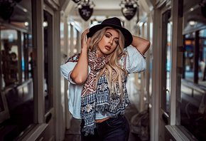 women, blonde, portrait, hat, jeans, scarf, glass, reflection