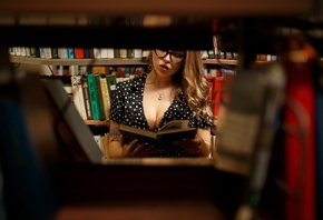 women, blonde, library, polka dots, dress, books, cleavage, women with glasses, necklace, tattoo