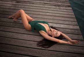 women, Angelina Petrova, closed eyes, pier, cleavage, lying on back, brunette, armpits, water, women outdoors, green swimsuit