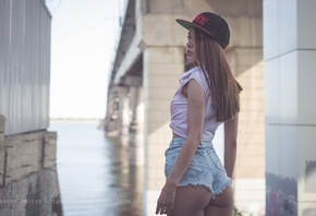 women, baseball cap, jean shorts, ass, brunette, bridge, river, looking away, women outdoors