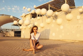 women, brunette, sitting, sand, white shirt, long hair, women outdoors