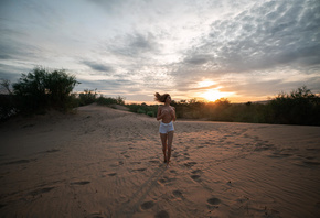 women, sand, women outdoors, jean shorts, hands on boobs, belly, sunset, bo ...