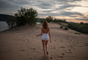 women, sand, women outdoors, brunette, jean shorts, back, river, sunset, topless, skinny