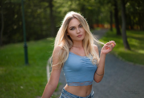 women, blonde, portrait, belly, Robert Chrenka, trees, women outdoors, long hair