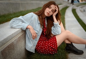 women, sitting, shoes, denim, women outdoors, red dress, polka dots, grass