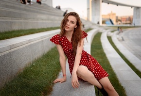 women, sitting, women outdoors, red dress, polka dots, shoes, grass