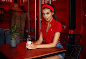 women, Dmitry Arhar, chair, table, plants, jean shorts, sitting, portrait,  ...