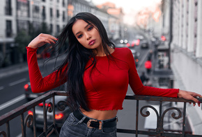 women, portrait, long hair, belt, jeans, women outdoors, street, red nails, make up, brunette