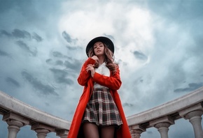 women, hat, portrait, plaid skirt, sky, clouds, coats