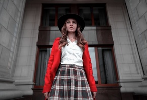 women, hat, portrait, plaid skirt, necklace, coats