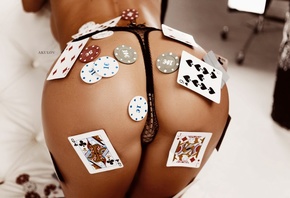 women, playing cards, panties, ass, brunette, boobs, back