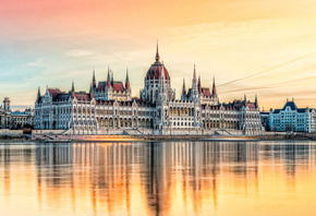 Budapest, Hungarian Parliament Building, evening, sunset, Danube river, Hungary, Budapest landmark, Parliament