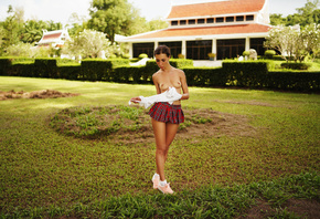 women, skirt, plaid skirt, sneakers, topless, White socks, grass, women out ...