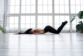 women, leggings, ass, window, plants, topless, red nails, on the floor, arched back, long hair, feet in the air