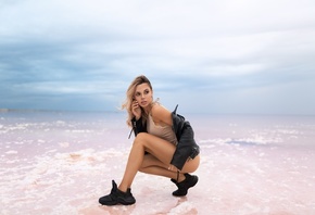 women, Vitaly Skitaev, squatting, leather jackets, sneakers, brunette, ass, women outdoors, pink nails, nipple through clothing, water