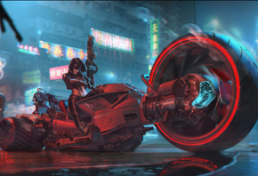 Cyberpunk, Hyper Bike, Soldiers, Girl in Glasses