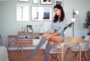 women, sitting, women indoors, jean shorts, brunette, gray stockings, table, chair, plants