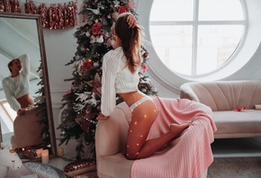women, window, ass, kneeling, Christmas Tree, Christmas, mirror, reflection, white panties, white sweater, women indoors, couch, candles, unicorn