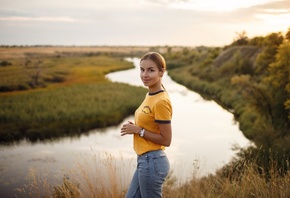 women, yellow t-shirt, smiling, river, jeans, nature, women outdoors, watch, ponytail, sky