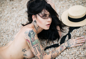 women, tattoo, women outdoors, nude, boobs, hat, ribbon, portrait, hair in  ...