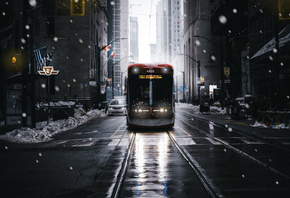 New York, winter, tram, snow, skyscrapers