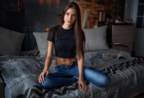 women, sitting, belly, jeans, in bed, pillow, long hair, women indoors, straight hair, brunette