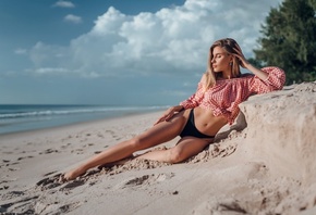 women, blonde, brunette, belly, beach, sand, sea, women outdoors, sky, clou ...