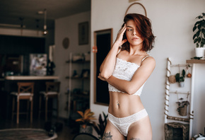 women, belly, white lingerie, pierced navel, tattoo, looking away, plants, women indoors, redhead