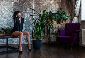 women, ponytail, sitting, high heels, armchair, women with glasses, plants, women indoors, wooden floor, window, wall