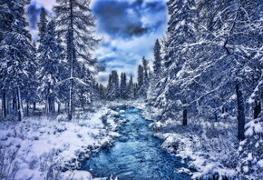 blue river, HDR, beautiful nature, forest, snowdrifts, winter