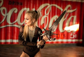 women, blonde, Vitaly Skitaev, ponytail, brunette, black lingerie, women indoors, Coca-Cola, long hair, red lipstick, sword