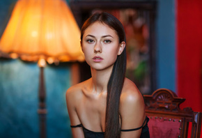 women, Catherine Timokhina, Maxim Maximov, long hair, chair, lamp, women indoors, face, portrait, straight hair, bare shoulders