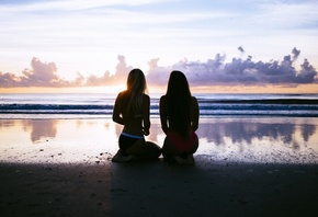 2 ,  , , , ,  , ,  , , 2 womens, two womens, beach, sea, dark background, sunset, bikini