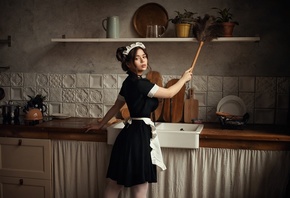 women, Dmitry Arhar, maid outfit, kitchen, women indoors, fishnet stockings, hairbun, looking at viewer