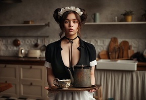 women, Dmitry Arhar, maid outfit, kitchen, women indoors, hairbun, cleavage, portrait