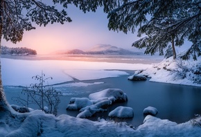 Trondheim, Norway, lake, winter, ice, trees, sunset, panorama, landscape