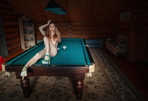 women, nude, sitting, pool table, red lipstick, high heels, wood, wooden fl ...