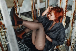 women, redhead, ass, fishnet, shoes, coats, plaid, red lipstick, eyeliner, sitting