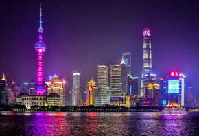 Shanghai, night city, Huangpu River, nightscapes, skyscrapers, China, Asia