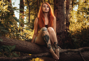 Beautiful, girl, redhead, nature, shors, jeans, tattoos, sitting