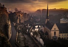 city, tower, bridge, sunset