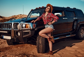 women, hat, women outdoors, sky, clouds, car, desert, plaid shirt, jean sho ...