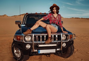 women, hat, women outdoors, sky, clouds, car, desert, plaid shirt, jean sho ...