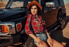 women, hat, women outdoors, sky, clouds, car, desert, plaid shirt, jean sho ...