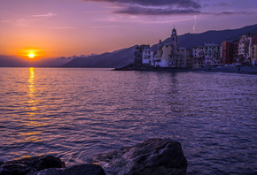 Camogli, Portofino, evening, sunset, Mediterranean Sea, summer, chapel, seascape, Liguria, Italy