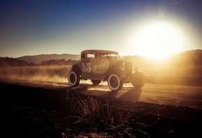 hot rod, Ford Model A, 1927, american cars, evening, sunset, fog, retro