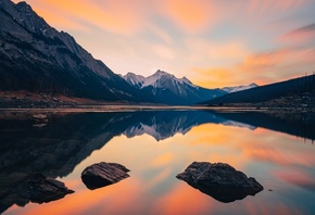 mountains, lake, stones, snowy, sunset