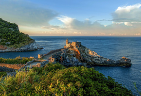 Portovenere, 4k, castle, coast, sunset, beautiful nature, Italy, Liguria