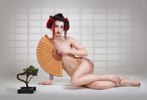 women, nude, bonsai, red lipstick, Studio, women indoors, belly, ass, tatto ...