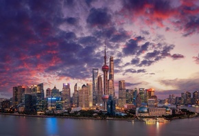 Shanghai, panorama, metropolis, modern buildings, sunset, skyscrapers, China, Asia